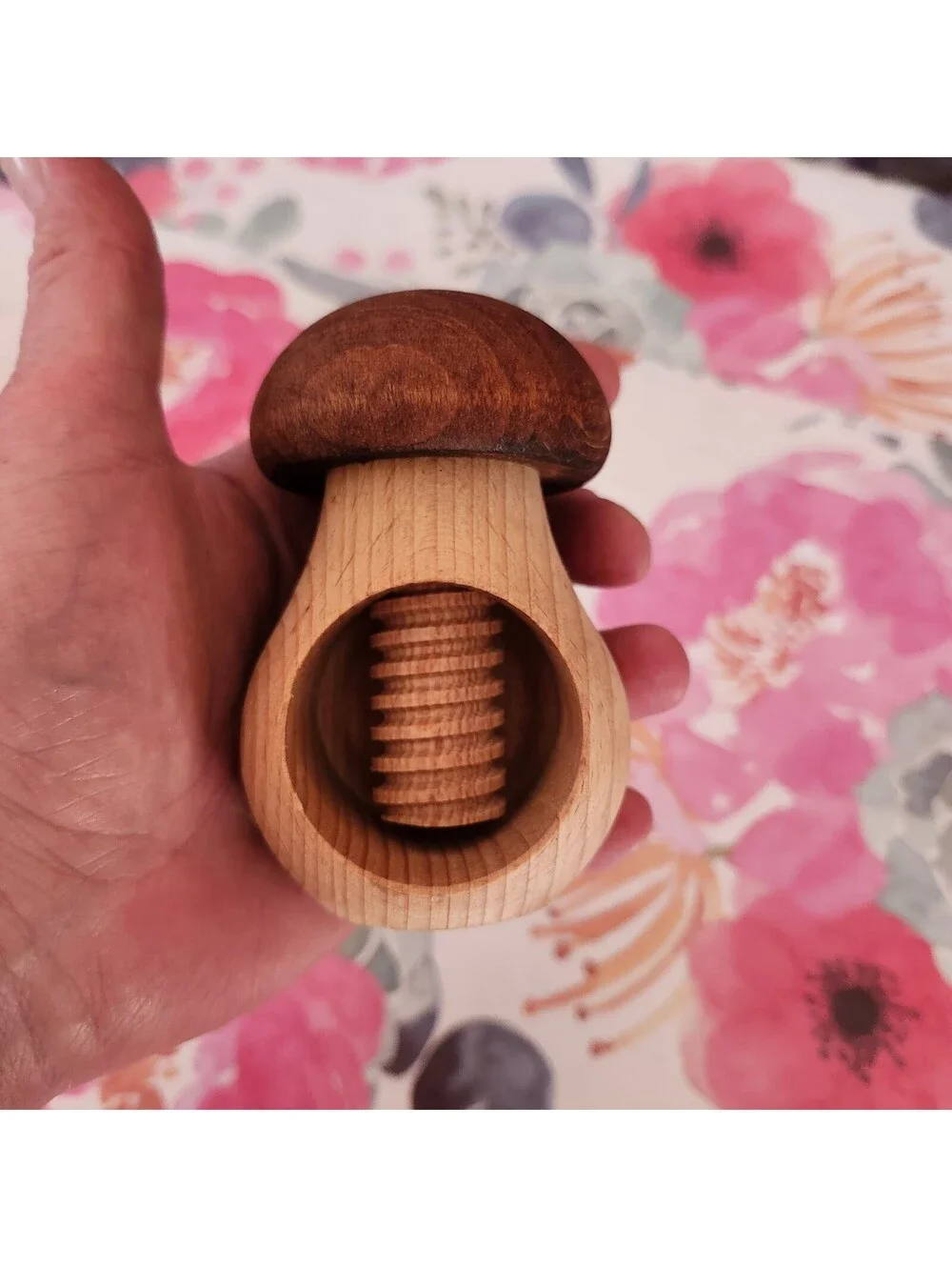 Handmade Wooden Mushroom Nutcracker Screw Style Folk Art Kitchen Tool
